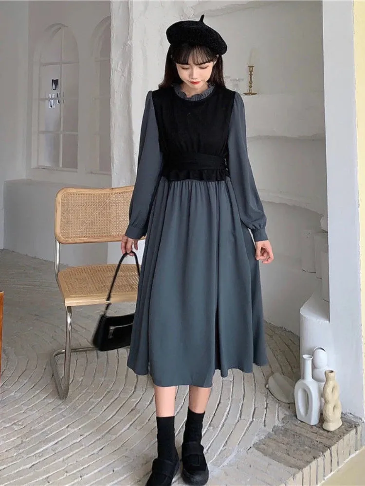 Vintage Long Sleeve Dress Women Elegant Fake Two Pieces Patchwork Puff Sleeve 2023 Spring Korean Fashion Female Robe