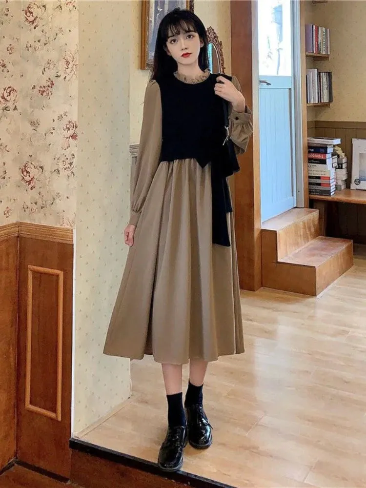 Vintage Long Sleeve Dress Women Elegant Fake Two Pieces Patchwork Puff Sleeve 2023 Spring Korean Fashion Female Robe