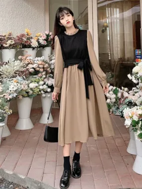 Vintage Long Sleeve Dress Women Elegant Fake Two Pieces Patchwork Puff Sleeve 2023 Spring Korean Fashion Female Robe