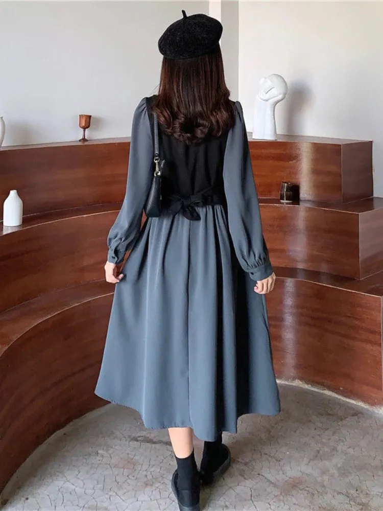Vintage Long Sleeve Dress Women Elegant Fake Two Pieces Patchwork Puff Sleeve 2023 Spring Korean Fashion Female Robe