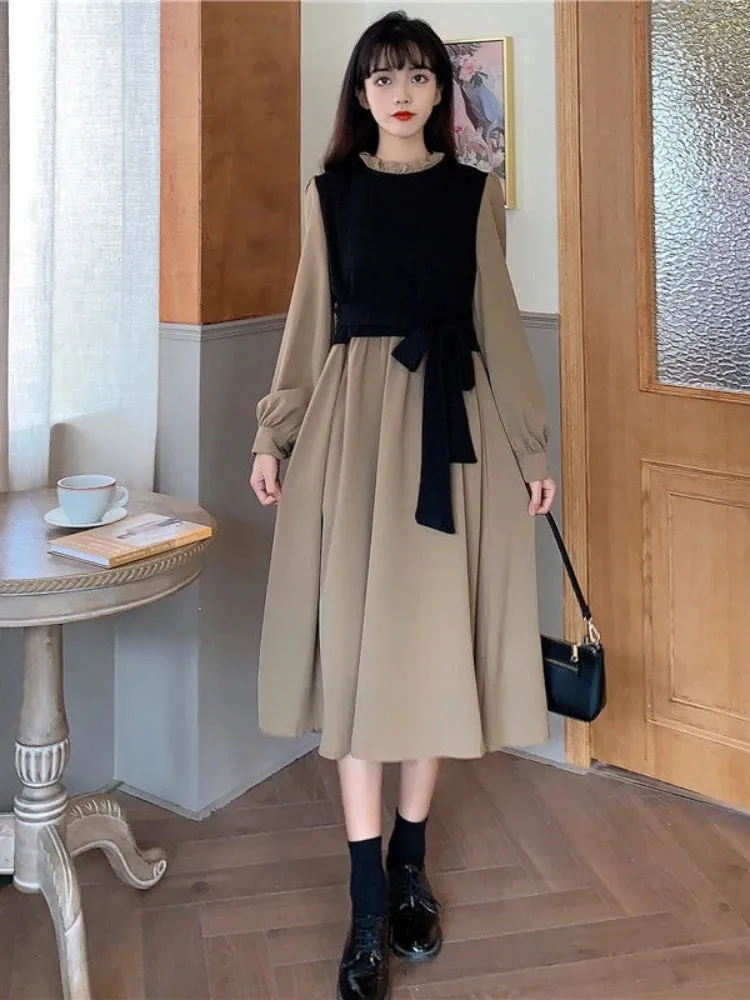 Vintage Long Sleeve Dress Women Elegant Fake Two Pieces Patchwork Puff Sleeve 2023 Spring Korean Fashion Female Robe