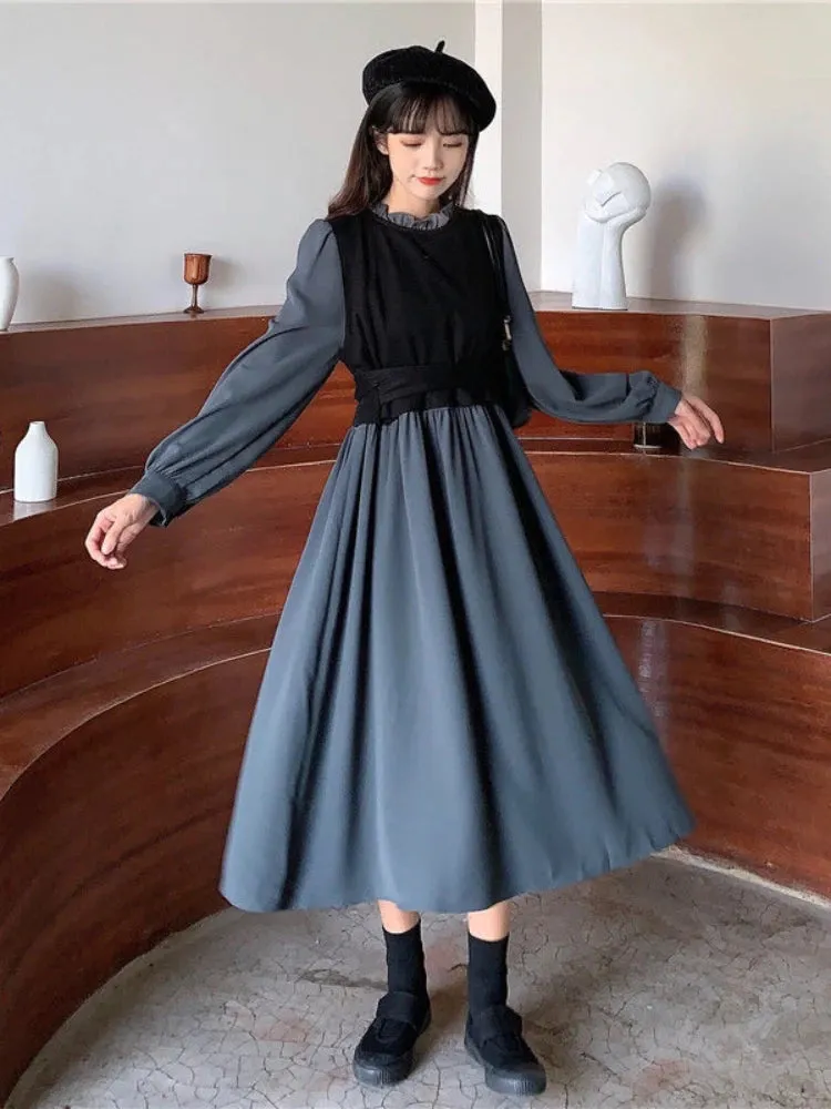 Vintage Long Sleeve Dress Women Elegant Fake Two Pieces Patchwork Puff Sleeve 2023 Spring Korean Fashion Female Robe