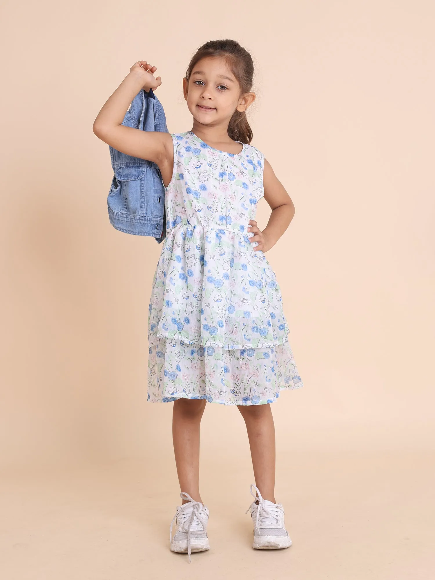 White floral fit and flare dress with denim jacket