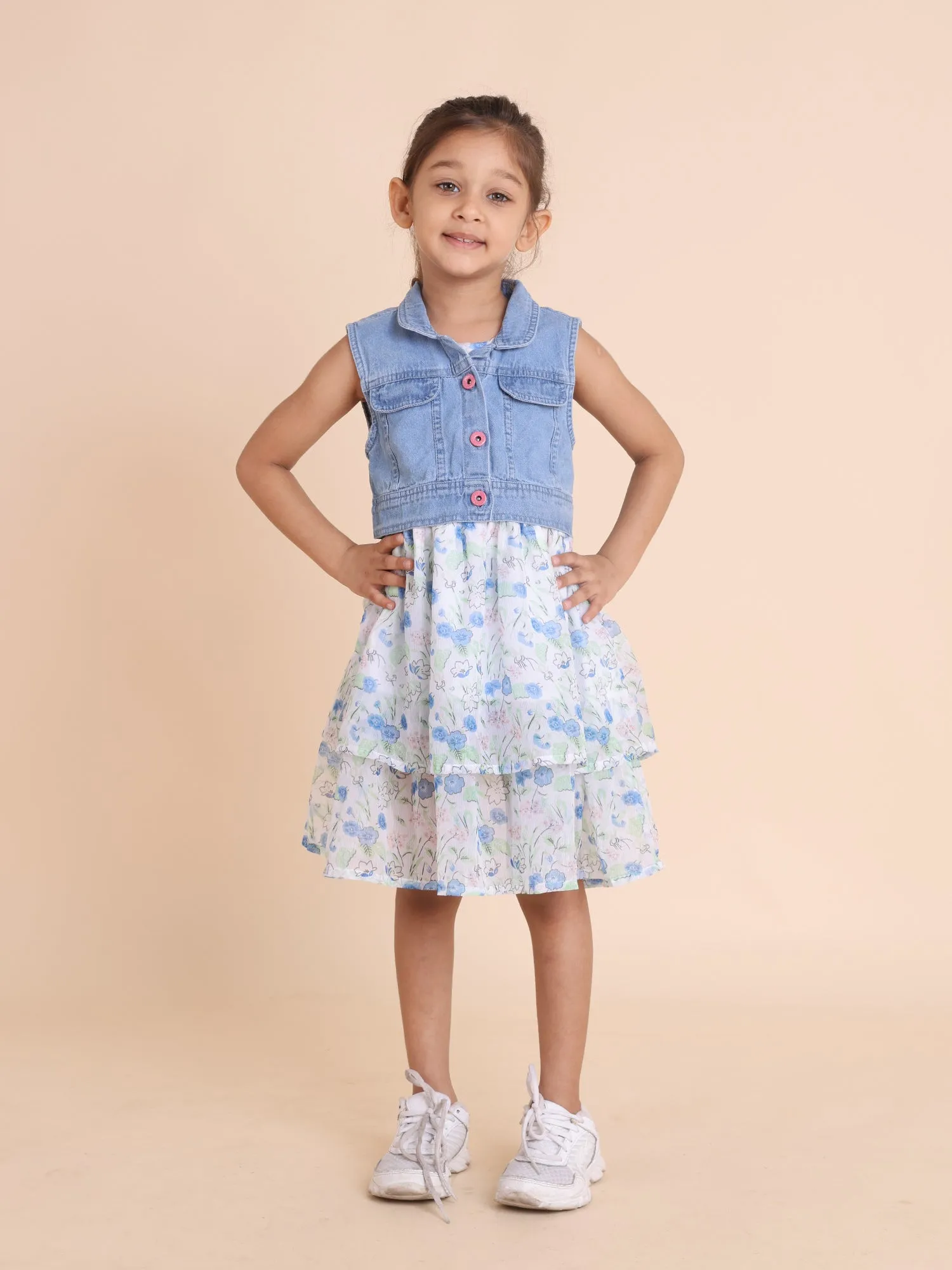White floral fit and flare dress with denim jacket