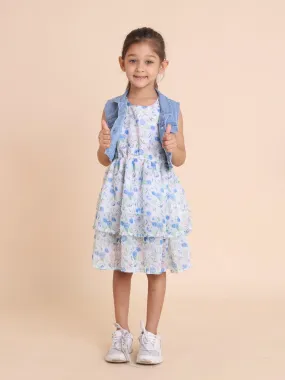 White floral fit and flare dress with denim jacket