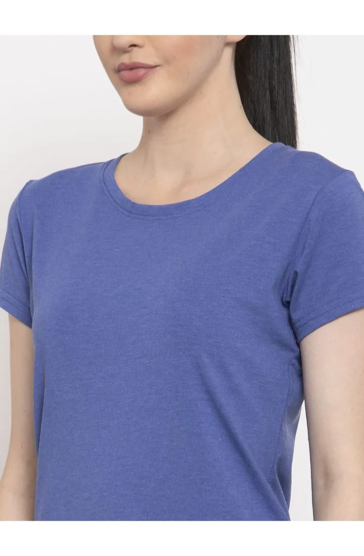 Women Melange Blue Solid slim fit round neck T-shirt