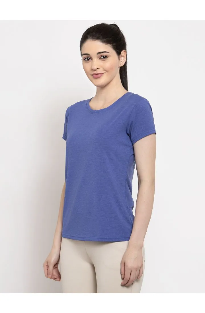 Women Melange Blue Solid slim fit round neck T-shirt