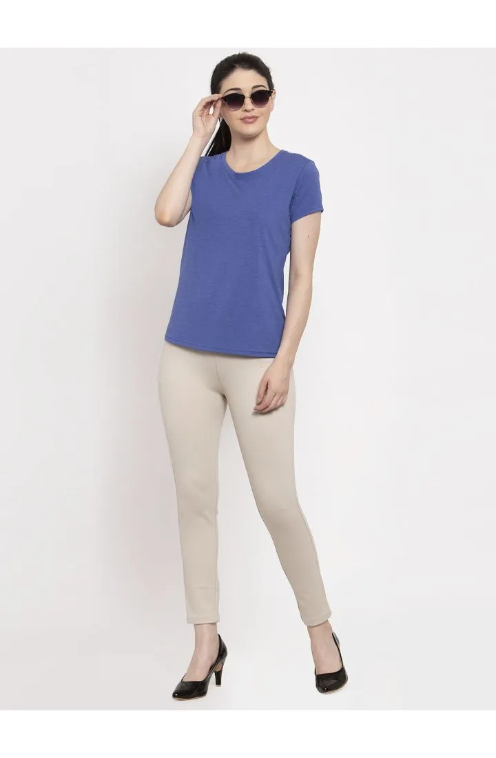 Women Melange Blue Solid slim fit round neck T-shirt