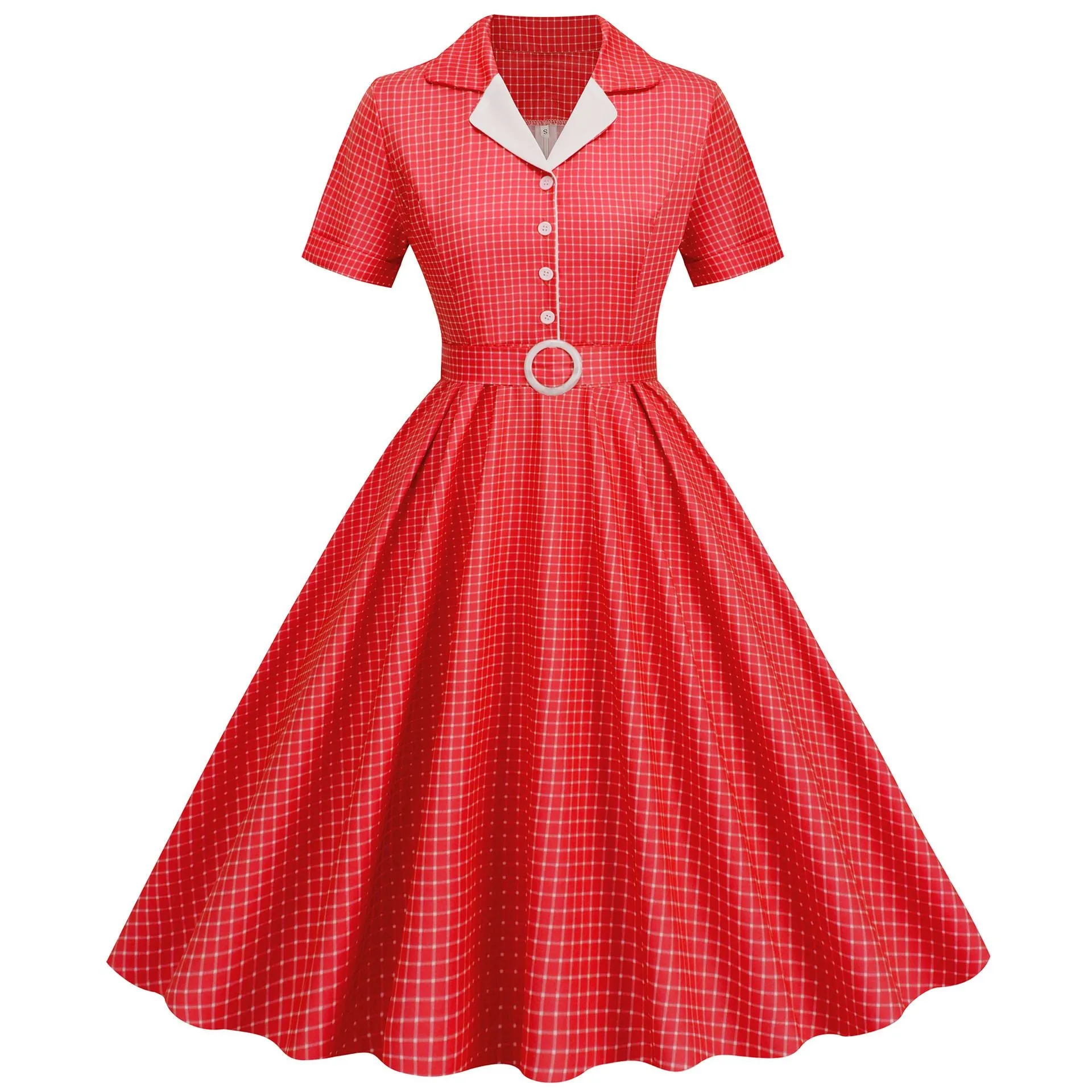 Women's Vintage 1950s Plaid Belt Slim-Fit Swing Retro Dress Mid-Length Dress