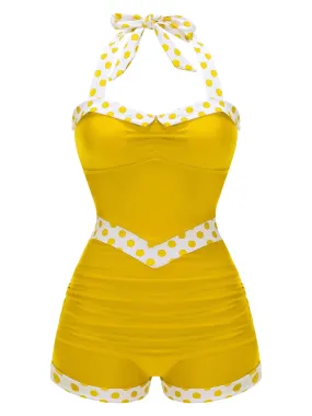 Yellow 1940s Halter Patchwork One-piece Swimsuit