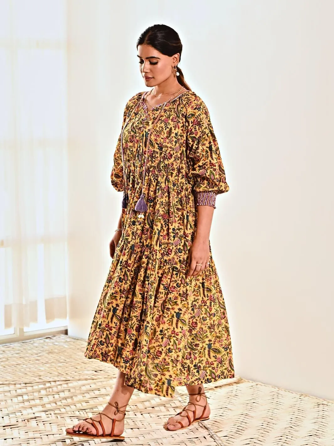 Yellow Print Cotton Maxi Long Dress