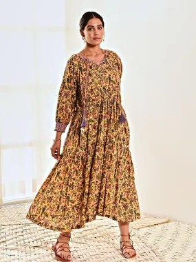 Yellow Print Cotton Maxi Long Dress