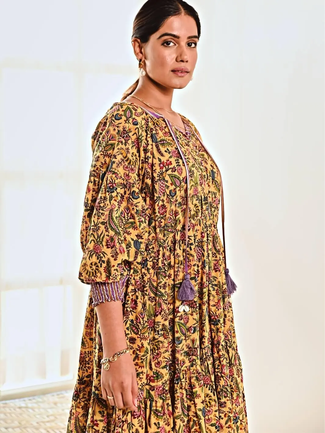 Yellow Print Cotton Maxi Long Dress