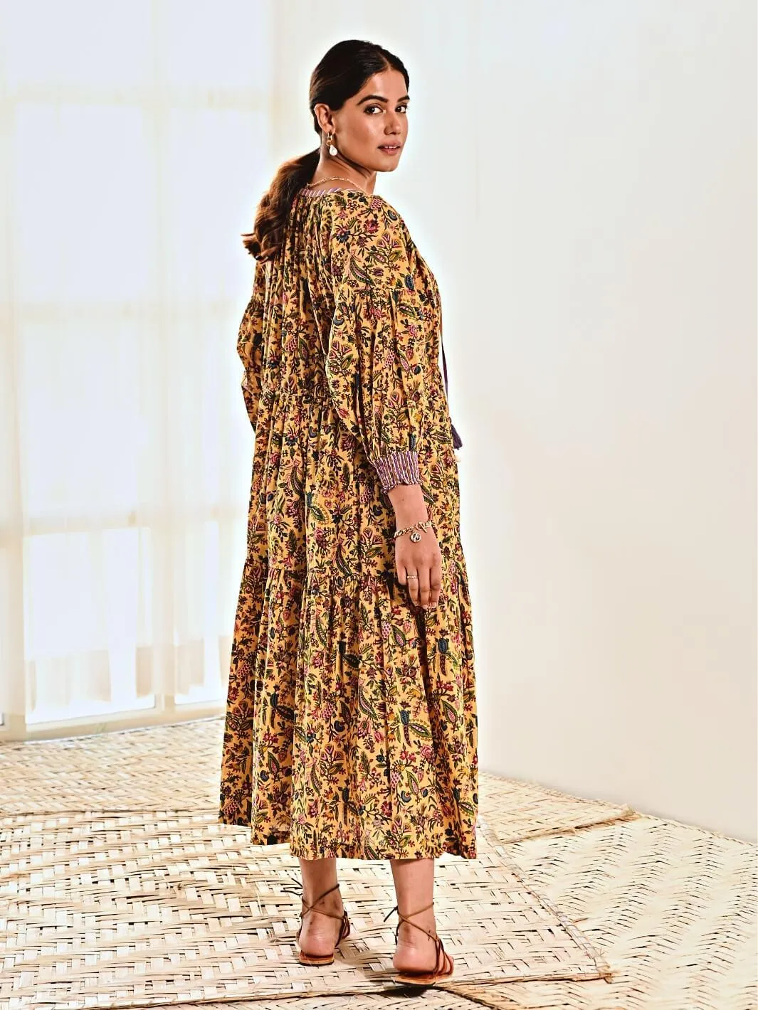 Yellow Print Cotton Maxi Long Dress