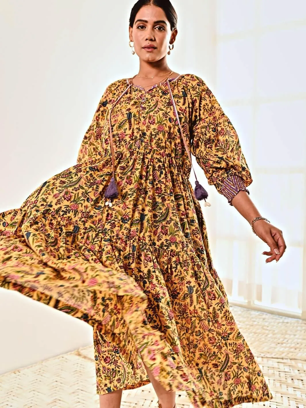 Yellow Print Cotton Maxi Long Dress