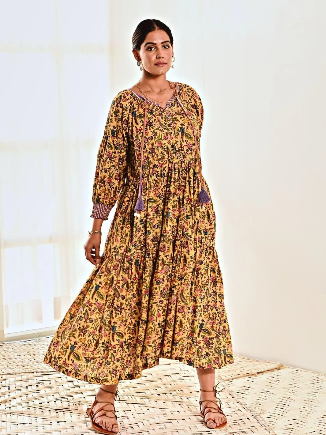 Yellow Print Cotton Maxi Long Dress