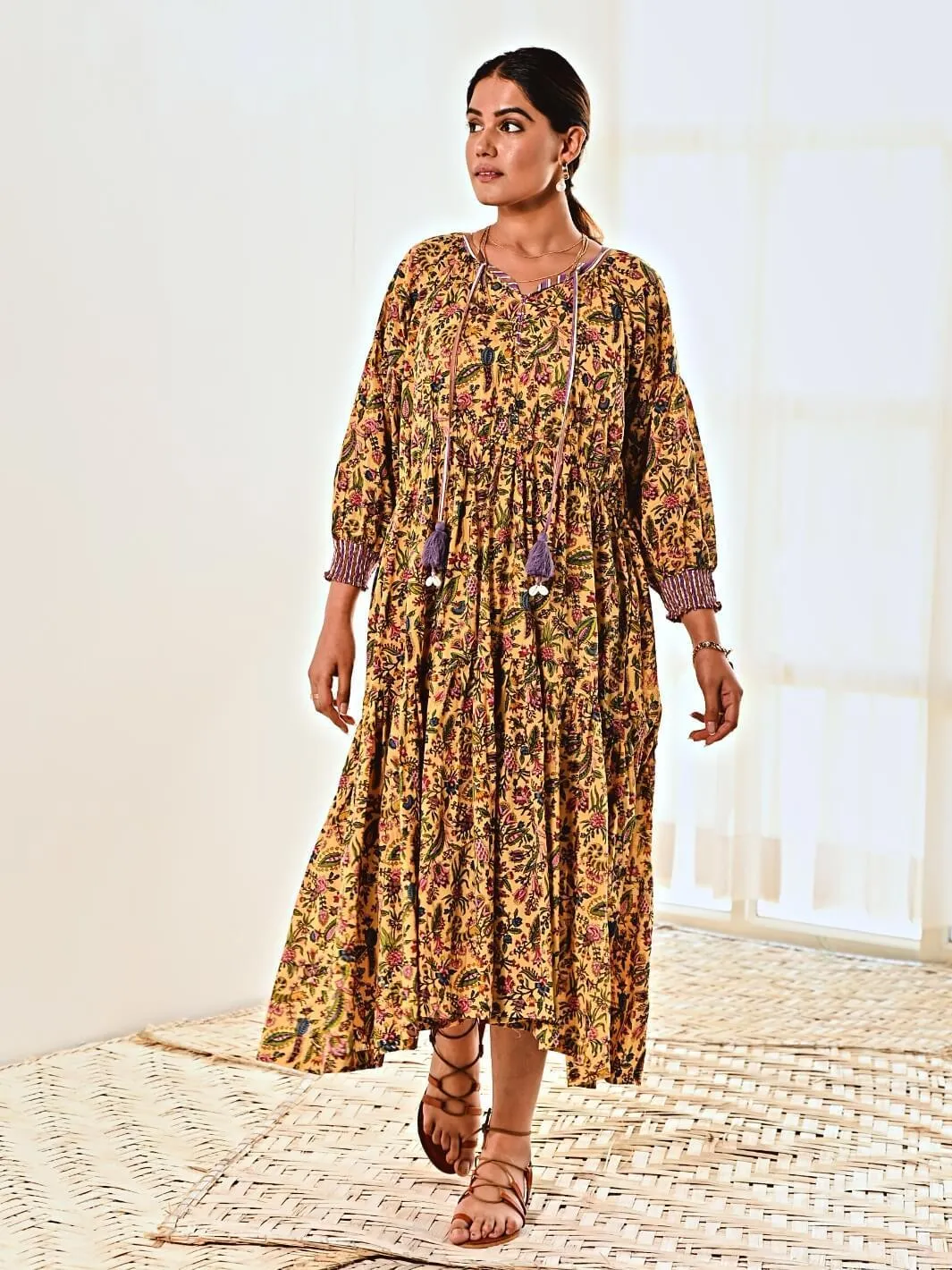 Yellow Print Cotton Maxi Long Dress